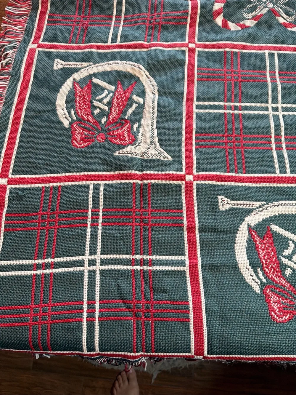 American Weavers Holiday Plaid Throw with Candy Cane & Bow Green, Red, Cream